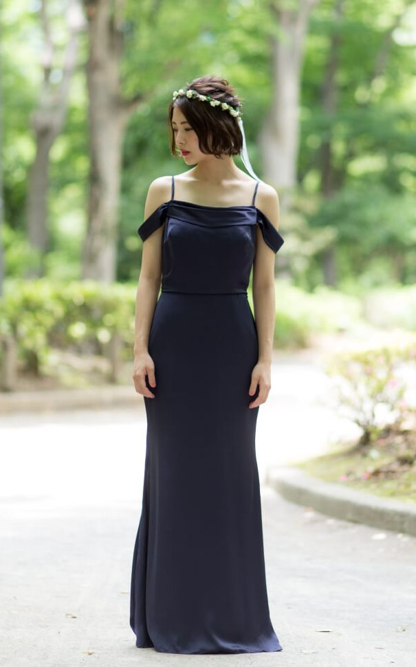 Navy Bluer Custom Made Cold-shoulder Satin Chiffon Sheath Floor-length Bridesmaid Dress