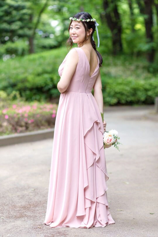 Pink Custom Made Chiffon A-line Floor-length Bridesmaid Dress Featuring Frill Back